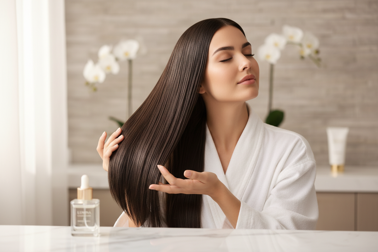 A refined beauty image of a woman enjoying her daily hair care ritual. Her hair looks perfectly treated, smooth, and glossy. Soft lighting, minimal and elegant background, serene expression. The image communicates professional aftercare, hair health, hydration, and long-lasting salon results. Luxury hair care campaign, high realism.