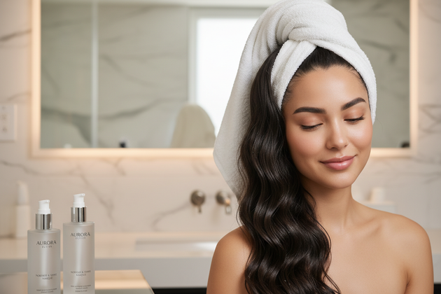 A woman with freshly washed, healthy hair wrapped partially in a towel, revealing smooth, shiny strands. Focus on hair texture and facial serenity. Clean bathroom atmosphere, soft light, premium aftercare hair care concept, professional beauty photography.